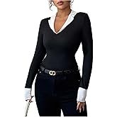 SweatyRocks Women's 2 in 1 Collared V Neck T Shirts Business Casual Long Sleeve Fitted Fall Tees