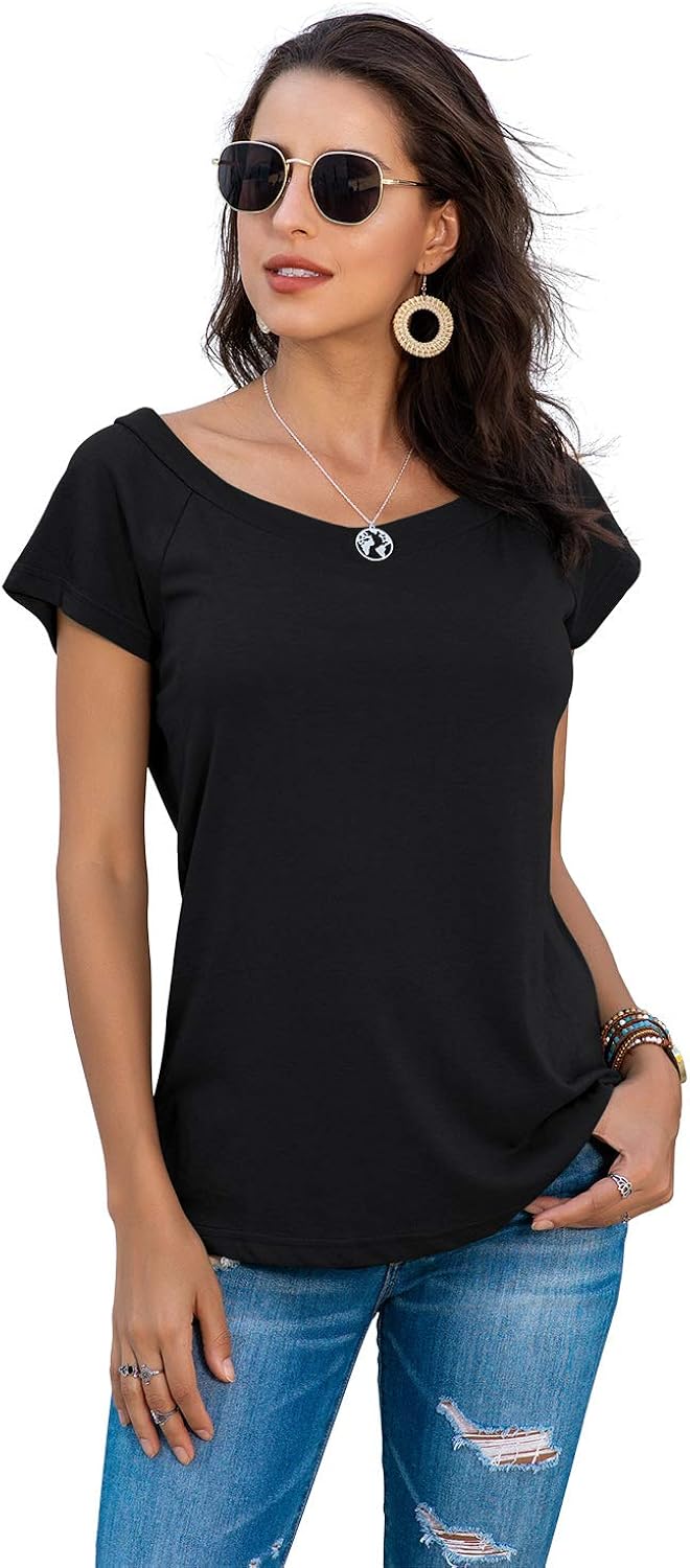 HIYIYEZI Women's Off The Shoulder Tops Summer Casual Short Sleeve T Shirts at  Women’s Clothing store