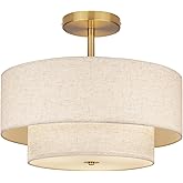 HILUXIA 18 Inch Large Semi Flush Mount Ceiling Light Fixture with Dual Drum Design, Gold Farmhouse Fabric Linen Shade for Bed
