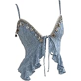 Milumia Women's Y2K Tie Front Asymmetrical Ruffle Crop Tops Going Out Tops Cowgirl Concert Outfits