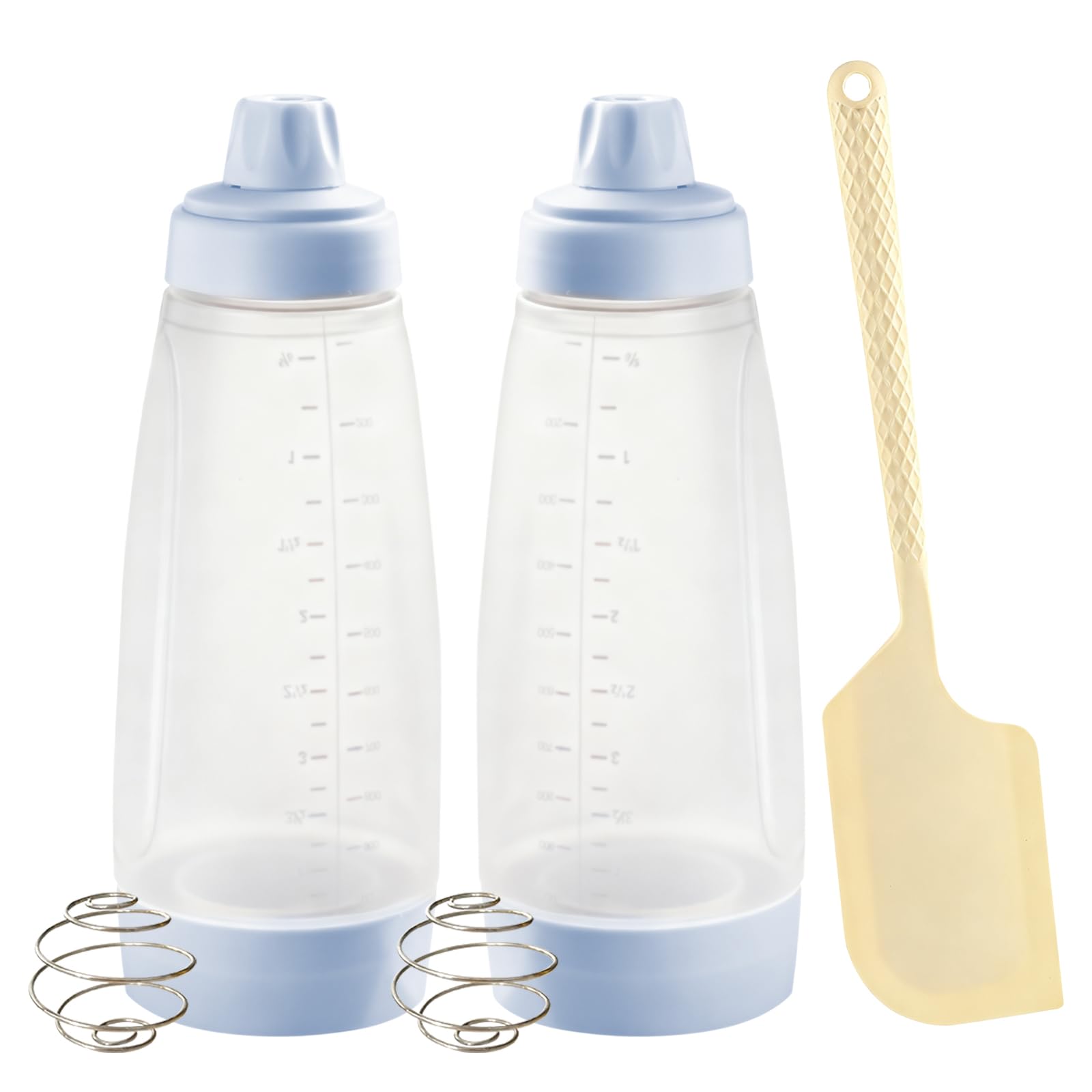 Photo 1 of *** no spatula*** LvmiuoAve 2 Packs Pancake Batter Dispenser Bottle Pancake Squeeze Bottle Dispenser with Mixing ball,Equipped with Upgrade Silicone Spatula,Suitable for Waffle Cupcakes Qatayef Muffins (white)