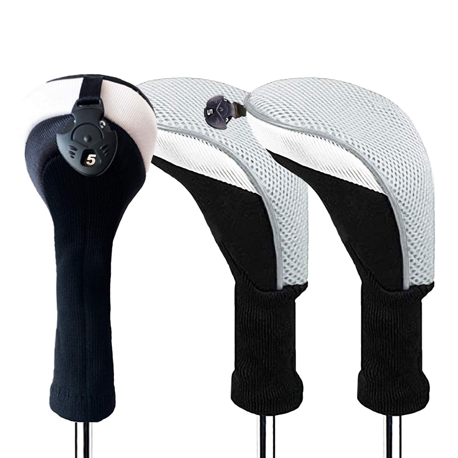 FINGER TEN Golf Club Head Covers Woods Hybrids Long Cover, Headcovers with Interchangeable No. Tags Fit All Hybrids Wood Clubs Light Durable (Grey-3 Pack Hybrid Covers)