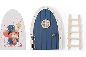 Mamimami Home Blue Wooden Magical Fairy Doors, Elf Mouse Miniature Tiny Door with Ladder, Tooth Fairy Door Handmade Decorations