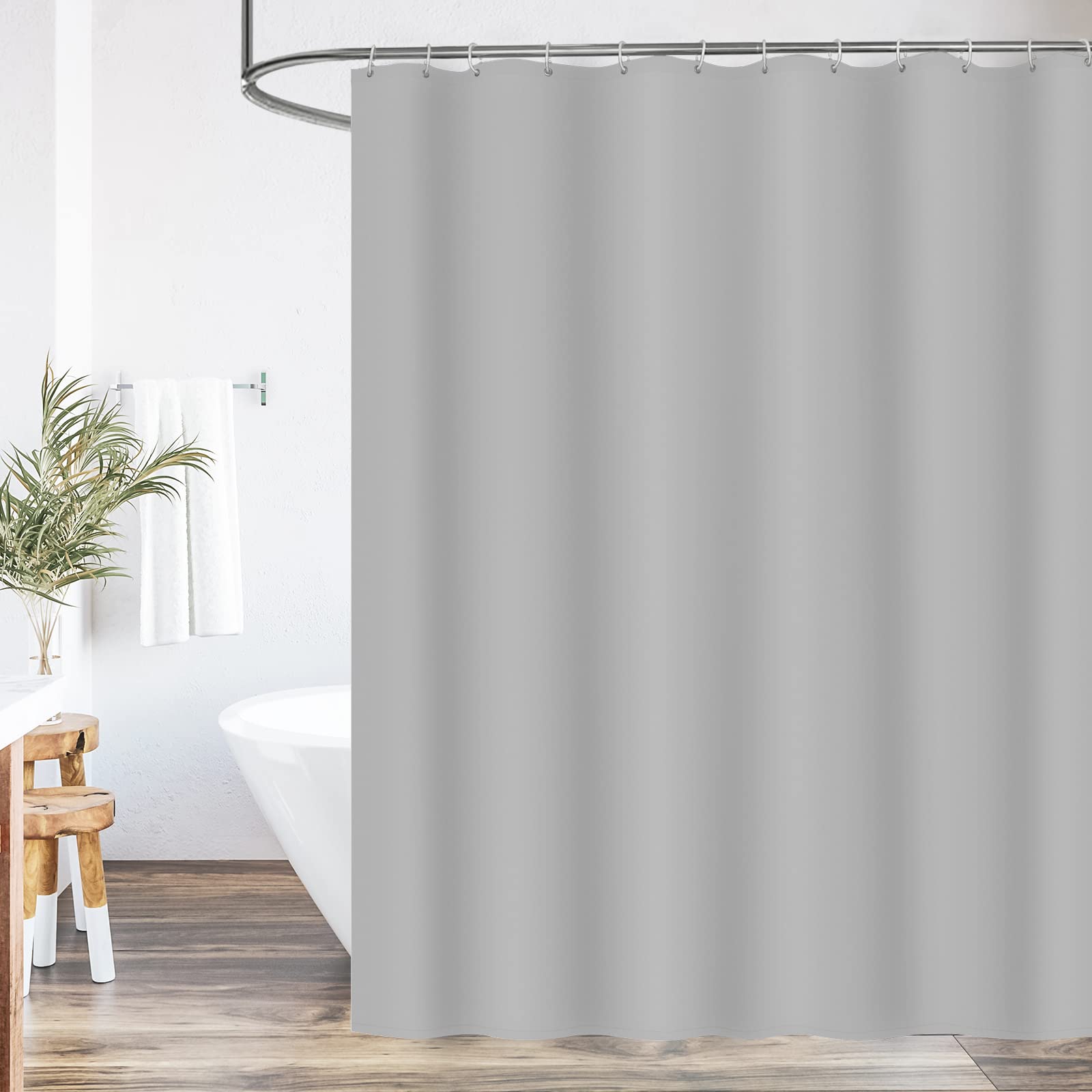 WELTRXE Shower Curtain Mould Proof Mildew Resistant, 180x180cm Light Grey Bathroom Curtain Set With Hooks, Weighted Hem, Waterproof Solid Polyester Fabric Bathtub Curtains, Machine Washable,Quick Dry