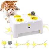 PETSWEET Interactive Cat Feather Toy Cheese Box 3in1 Whack a Mole | 3 Play Modes, Paw-Safe 4 Hole Whack-a-Mole, Anti-Slip Base, 4 Interchangeable Accessories, USB Rechargeable Auto Cat Toy