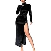 SEMATOMALA Women's Long Sleeve Side Ruched High Slit Maxi Dress Mock Neck Velvet Bodycon Party Club Thigh Split Long Dress