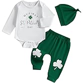 Karuedoo My First St Patricks Day Baby Boy Outfit Newborn Long Sleeve Letter Print Romper Top Long Pants with Hat 3Pcs Sets