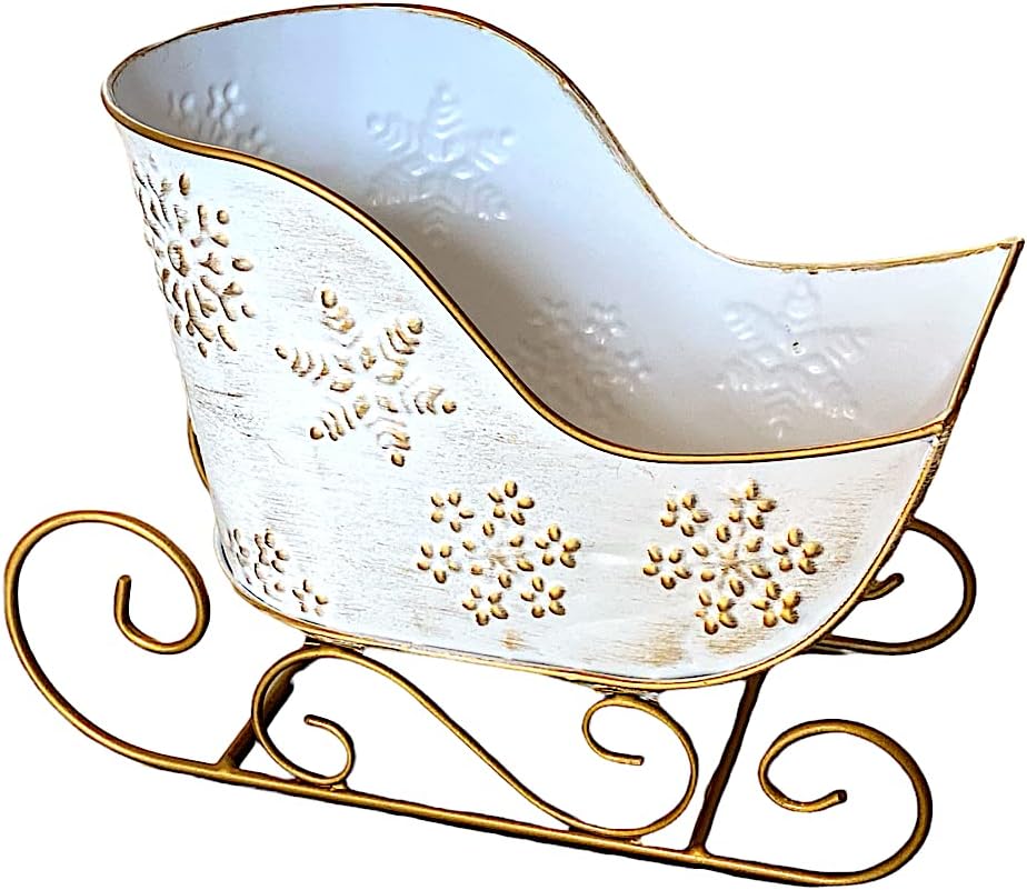 Stockings & Holders - STC World Christmas Sleigh Metal Ornament Small Candy Storage Gift Tabletop Centerpiece Mantel Fireplace (White Snowflake)