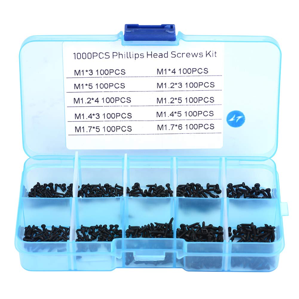 1000Pcs 10 values M1 M1.2 M1.4 M1.7 Stainless Steel Self Tapping Screws Assortment Set,Cross Head miniature Screw Fastener,with Storage Box,repair watches, glasses, electronics