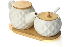 Ceramic Creamer and Sugar Sets,12oz Cream Pitcher, 7.5oz Sugar Bowl with Tray, Spoon and Lid for Cream and Sugar Spices, Cond