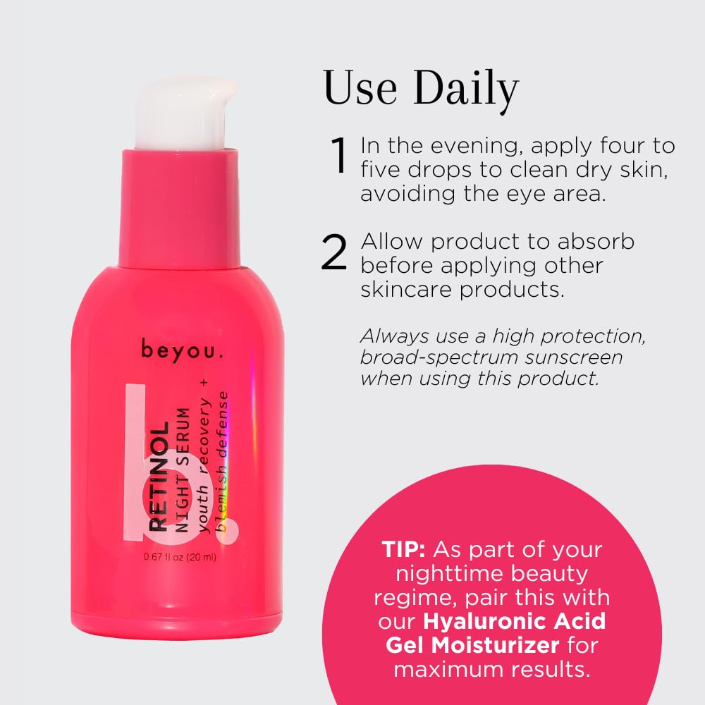 Beyou Retinol Anti Aging Night Face Serum, Youth Recover + Blemish Defense, 0.6 fl oz, Improve Signs Of Aging, Minimizing Breakouts, Plant-Based, Cruelty-Free, All Skin Types