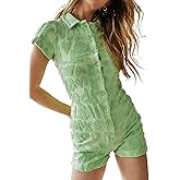 Fernvia Women Short Sleeve Jumpsuit Sexy V-Neck Knitted Buttons Open Bodycon Bodysuit Overall Romper Summer Streetwear