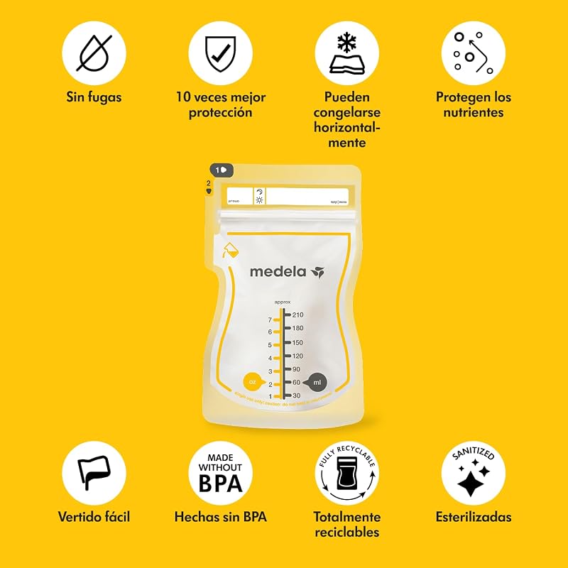 bolsas de almacenamiento de leche materna Easy Pour, bolsas desechables de 210 ml, a prueba de fugas, protegen los nutrientes de la leche, sin BPA, paquete de 100, Exclusivo en Amazon