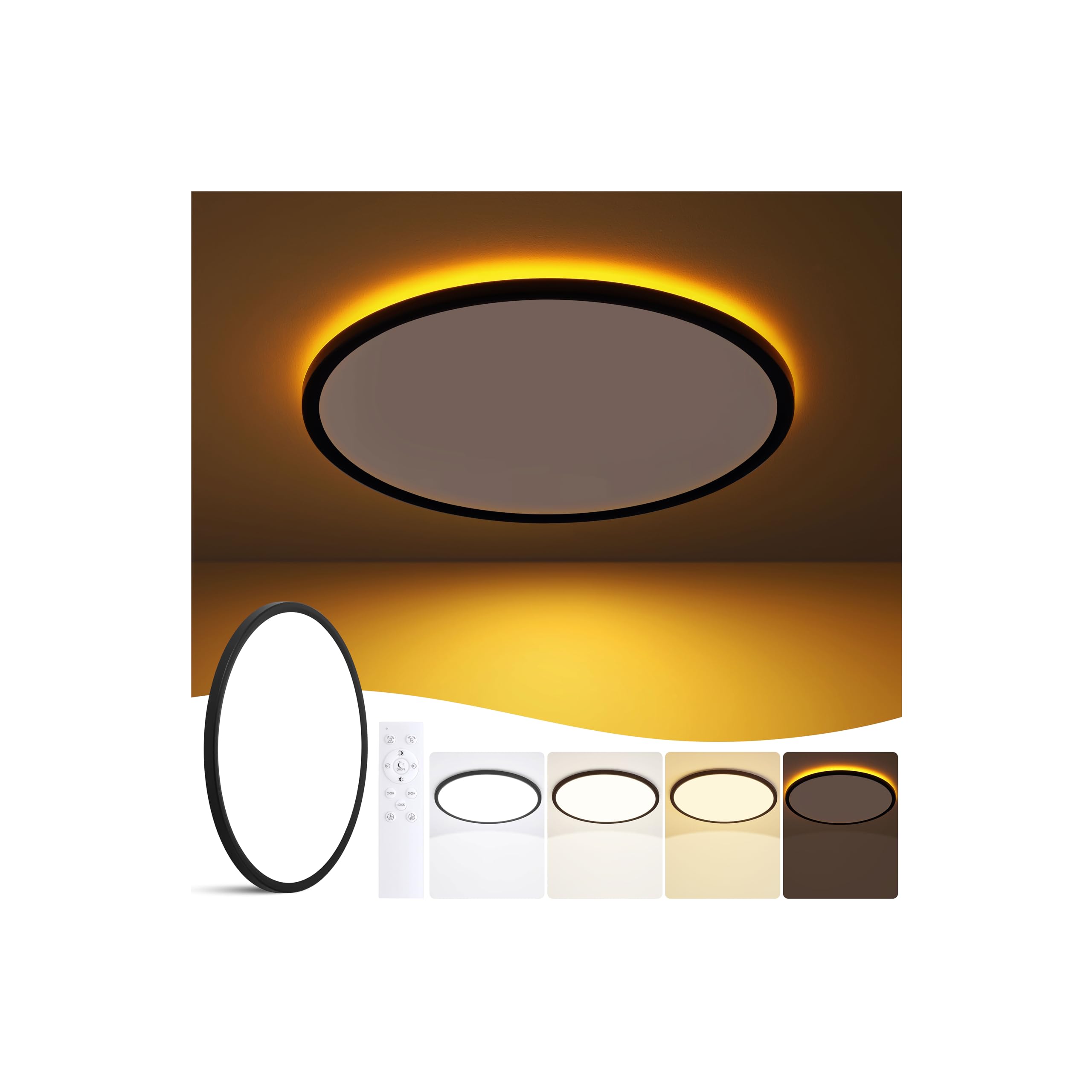 Photo 1 of 15 Inch Flush Mount Ceiling Light with Night Light, 36W 3600LM, Dimmable LED Ceiling Lights Fixture with Remote Control, 3000K/4000K/6500K Selectable, Slim Bright Bedroom Light Fixture, Round Black