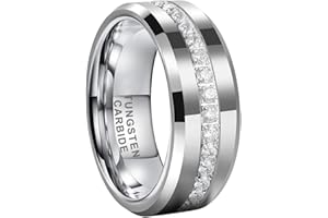 TUTISS 8mm Silver/Black/Gold Tungsten Rings for Men Women Couple Eternity Anniversary Engagement Wedding Bands Fashion Jewelry CZ Stone Inlay Beveled Polished Shiny Comfort Fit