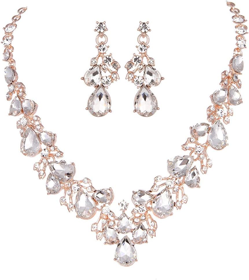 Youfir Austrian Rhinestone Crystal Wedding Gown Prom Ball Necklace Earrings Jewelry Set for Brides Dress