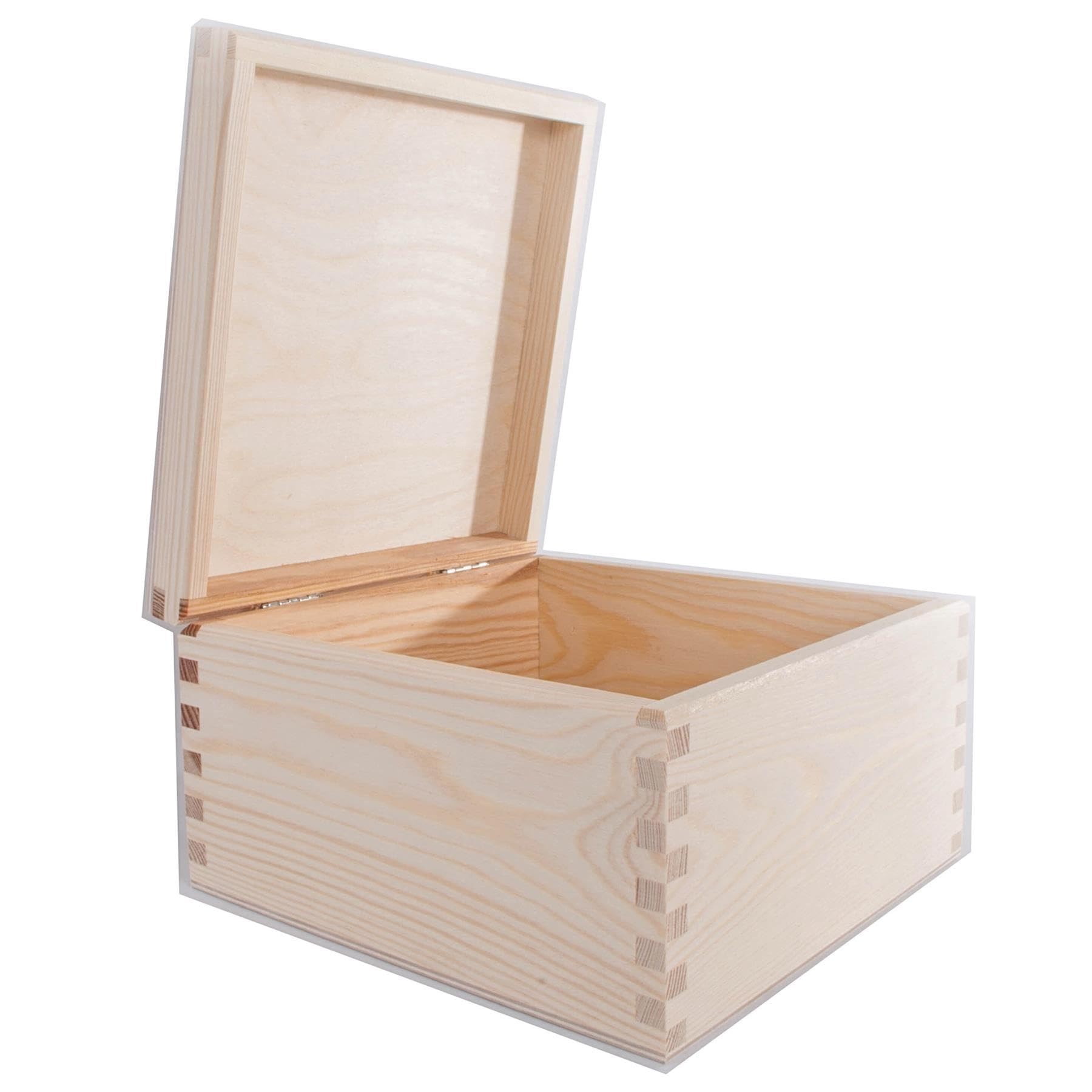 WooDeeDoo Square Wooden Storage Box with Hinged Lid – 20 x 20 x 13.5 cm – Unfinished Pine Chest for Crafts Letters Trinkets Stationery Jewellery Keepsakes DIY Gift Decoration — image 1