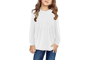 Yoklass Girls Puff Long Sleeve Shirts Crew Neck Front Pleated Tops Casual Loose Dressy Blouses 4-13 Years