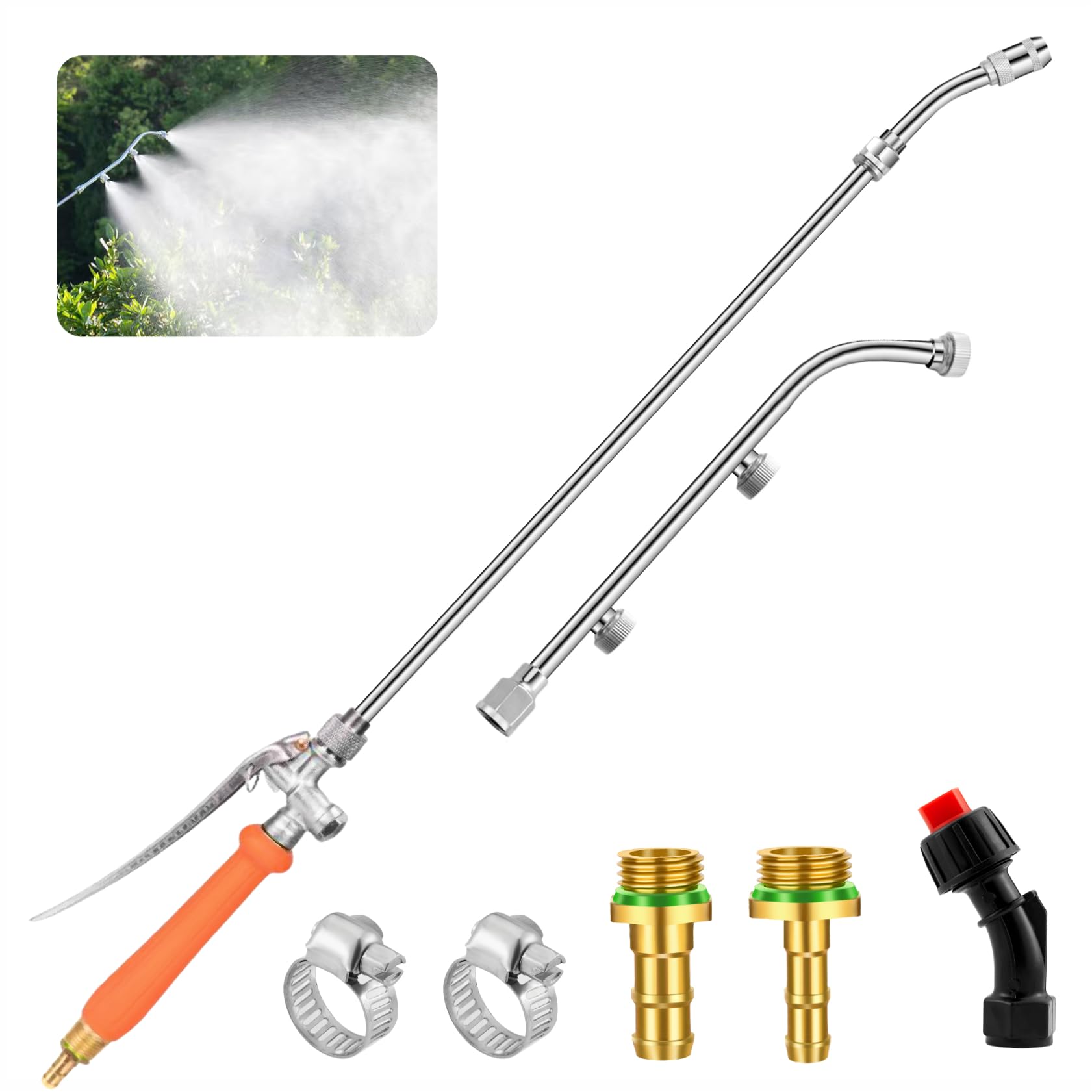 Photo 1 of Metal Pump Sprayer Wand with 3 Types of Nozzles, Fan Nozzle Replacement Sprayer Wand, Stainless Steel Sprayer Wand Replacement with 1/4" & 3/8" Brass Barb and 2 Hose Clamps (Metal Handle)