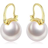 Kaibig Pearl Drop Earrings for Women, 925 Silver Leverback Dangle Earrings | Hypoallergenic 12mm Pearl Earrings, Lightweight Wedding Jewelry for Brides, Everyday Wear, Mother's Day Birthday Gifts