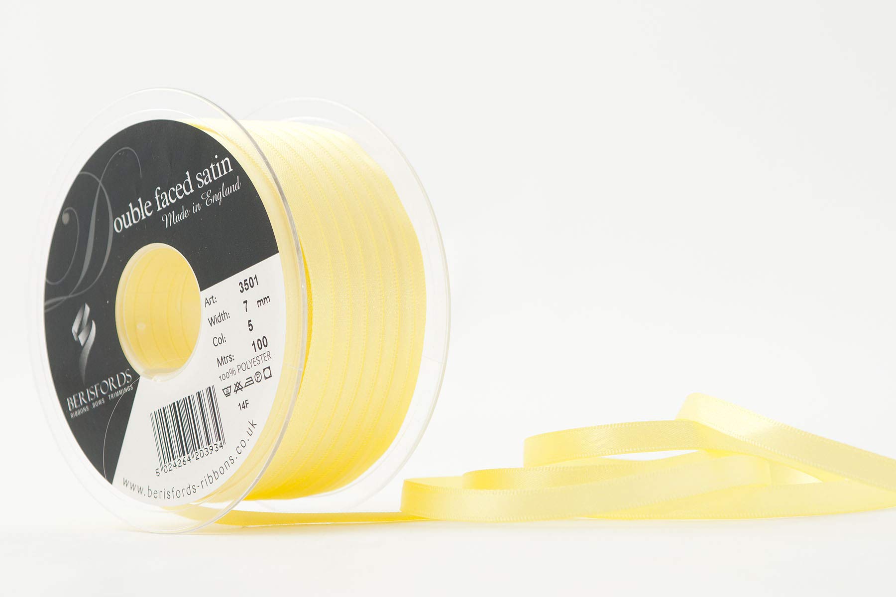Berisfords Double Faced Satin Ribbon, Lemon, 7 mm Width, 100 metre Length
