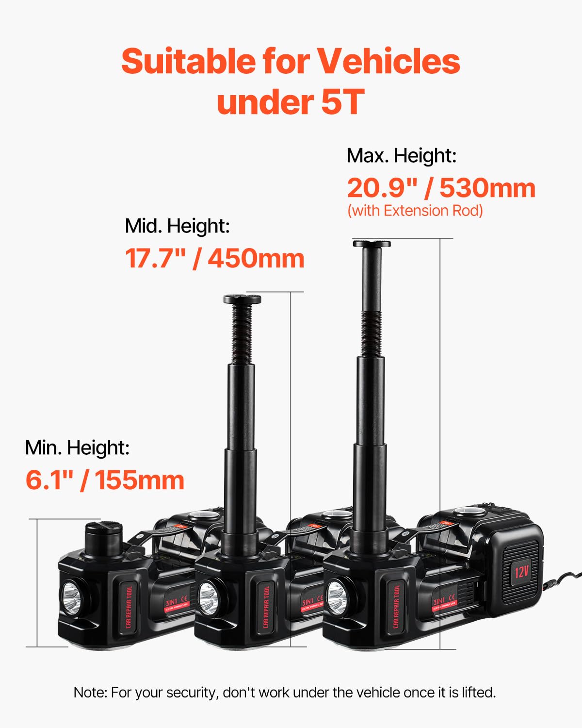VEVOR elektrischer Wagenheber 5 t elektrischer Scherenwagenheber mit eingebauter Pumpe, 12-V-Reifenwechselersatz mit elektrischem Schlagschrauber & LED-Licht, Wagenheber-Set für Limousine SUV LKW 3