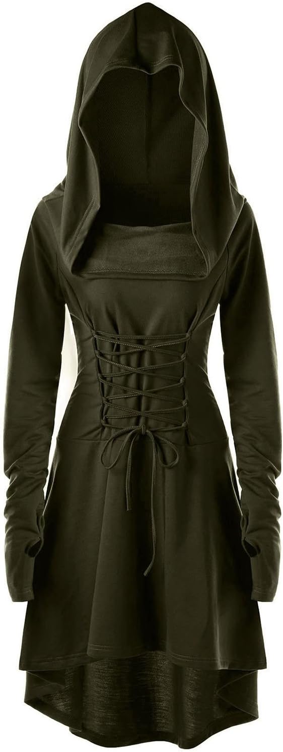 Gemijack Womens Renaissance Costumes Hooded Robe Lace Up Vintage Pullover High Low Long Hoodie Dress Cloak