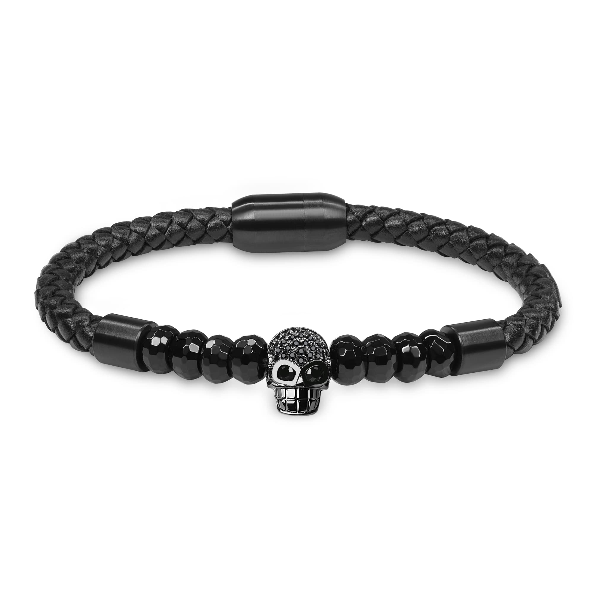 coai CZ Pave Skull Onyx Stone Beaded Leather Bracelet for Men
