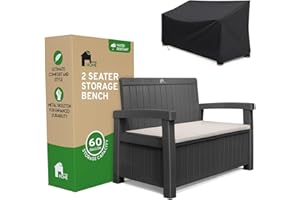 EconoHome 2 Seat Outdoor Storage Bench with Rain Cover - 60 Gallon Capacity - Weatherproof Resin Bench for Patio, Porch, Garden, Yard, Pool Area - Furniture for Pool Accessories, Gardening Tools