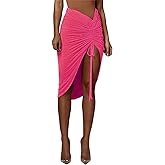 PRIMODA Women's Asymmetrical Bodycon Drawstring Ruched Midi Skirt with Thigh High Slit