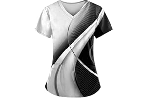 ODEUIAOD Womens Scrub Tops Fashion Printed Work Uniform T-Shirt V Neck Short Sleeve Nurse Scrub Tunic Blouse with Pockets