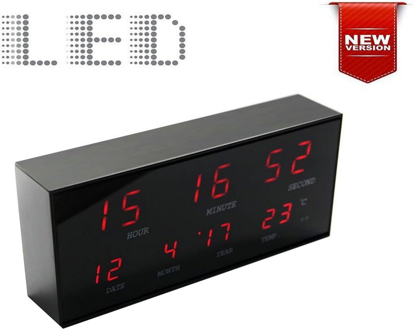 Large Wide Contemporary Design Alloy & Glass Digital Red LED Alarm Clock Jumbo Display 24-Hour Display Time Calendar Date Month Year & Thermometer/Temperature Â°C AC Power Adapter Included