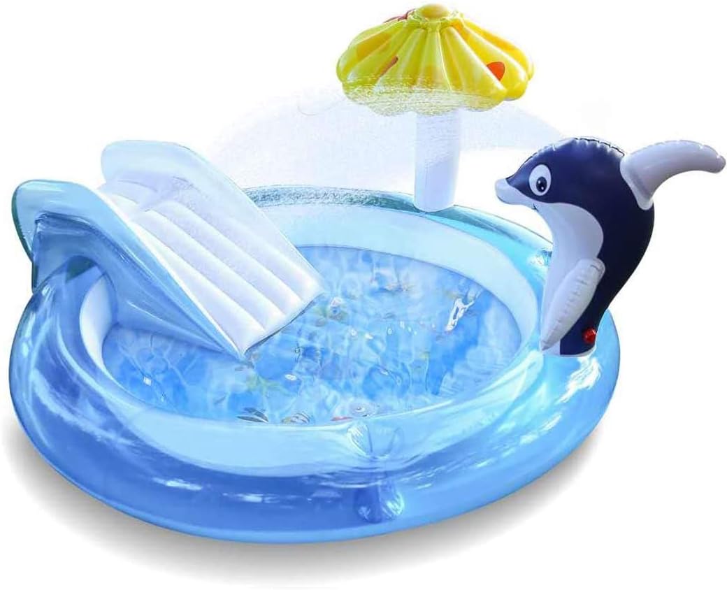 YAPASPT Inflatable Baby Pool Play Center, Kiddie Wading Pool with Slide for Garden, Sliding Pool, Swimming Pool with Dolphin Spray Water Summer Toys Sprinkler Water Toys for Kids