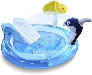 YAPASPT Inflatable Baby Pool Play Center, Kiddie Wading Pool with Slide for Garden, Sliding Pool, Swimming Pool with Dolphin Spray Water Summer Toys Sprinkler Water Toys for Kids