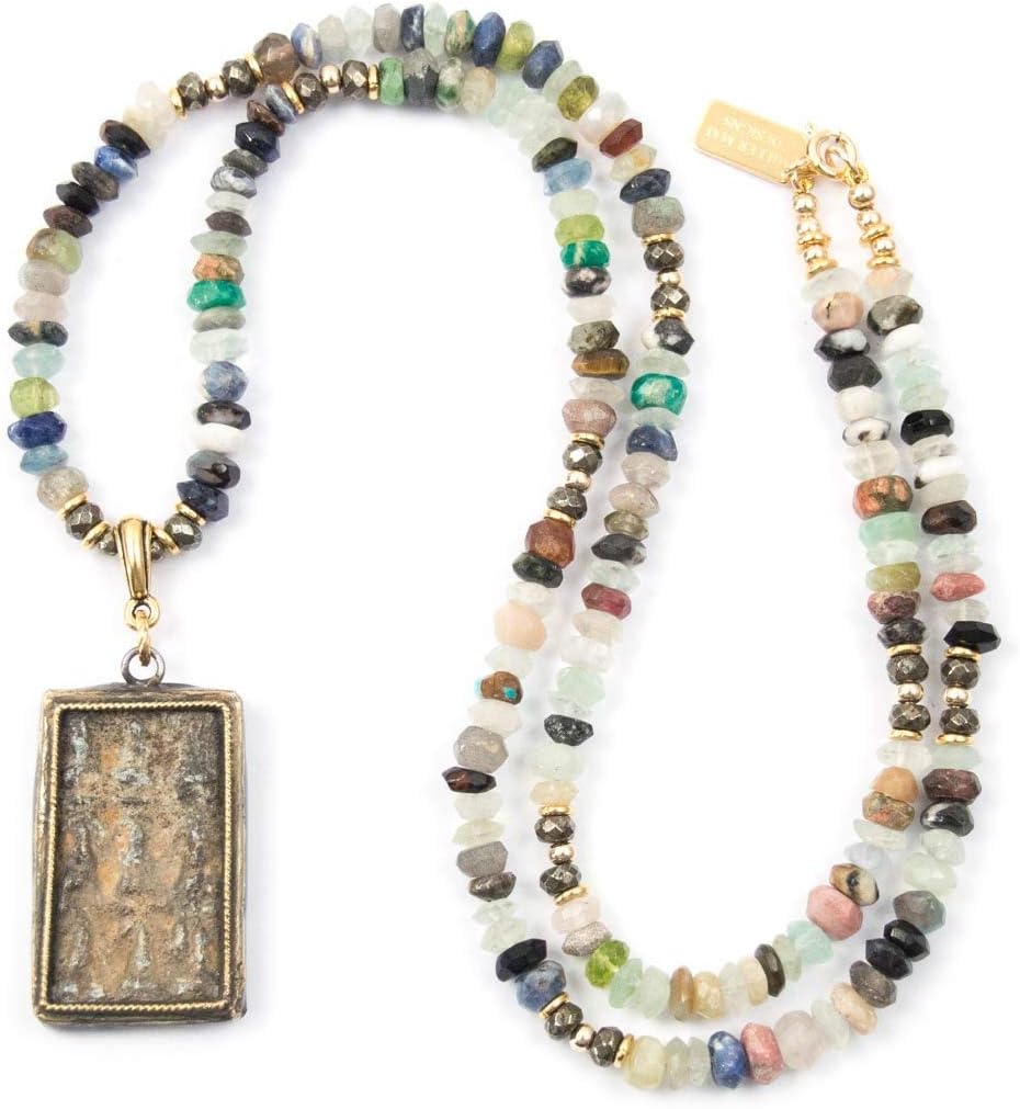 9 Meditating Buddhas Thai Pendant Necklace with a mix of Semiprecious Gemstones - 24 inches Long Handmade Necklace by Miller Mae Designs