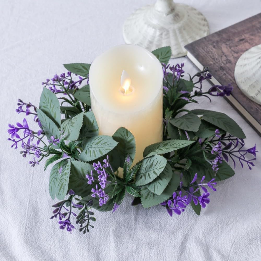 Photo 1 of 2 Pcs Candle Rings Wreaths Spring Artificial Eucalyptus Lanvender Candle Holder Mini Wreaths 10" for Easter Holiday Home Kitchen Table Centerpiece (Purple)