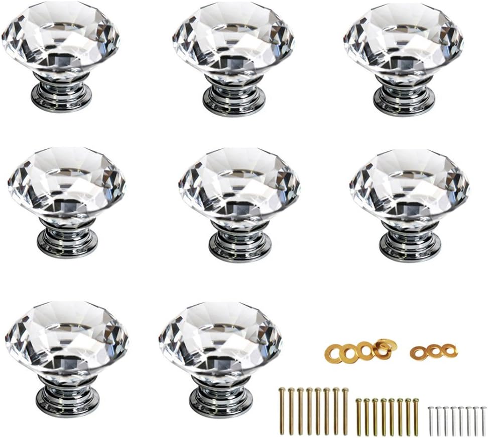 IGNPION 8X40mm Diamond Cut Clear Crystal Glass Drawer Wardrobe Kitchen Door Knob Pull
