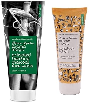 Aroma Magic Activated Bamboo Charcoal Face Wash, 100ml and Aroma Magic Sunscreen Sun Block Lotion, SPF 30, 100ml