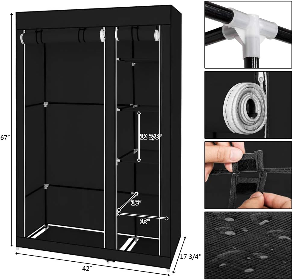 HUOYANS Wardrobe Closet 67" Portable Clothes Wardrobe with Non-Woven Fabric and Hanging Rod Quick and Easy to Assemble Black