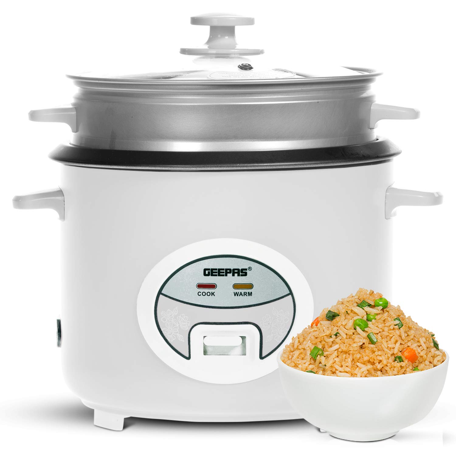 Geepas 1.8L Rice Cooker with Steamer | 700W | Non-Stick Inner Pot, Automatic Cooking, Easy Cleaning, High-Temperature Protection - Make Rice & Steam Healthy Food & Vegetables - 2 Years Warranty