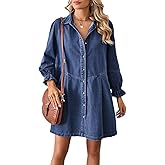 chouyatou Women's Button Down Denim Shirt Dress Lantern Long Sleeve Tiered Baydoll Jean Mini Dress