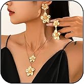 Frodete Large Double Flower Necklace Earrings Set for Women Chunky Gold Layered Floral Jewelry Boho Statement Necklace and Earrings Set