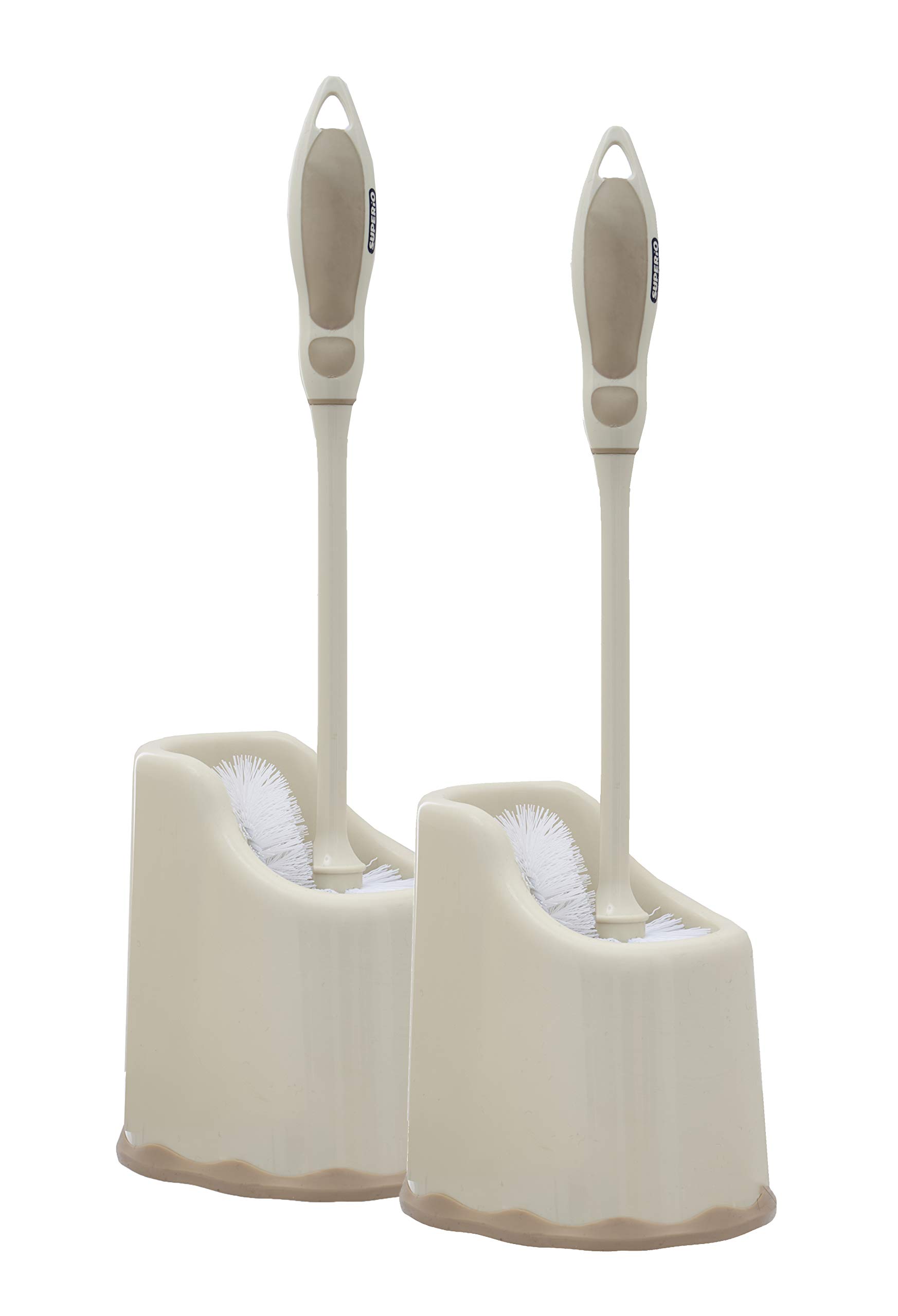 Toilet Brush and Holder (2 Pack) Toilet Bowl Cleaner Brush with Scrubbing Wand, Under Rim Lip Brush and Storage Caddy for Easy Bathroom Cleaning. by Superio (Beige)