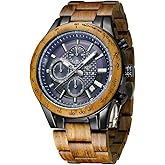 VICVS Men's Wood and Stainless Steel Watches, Chronograph 3 Dials Chronograph Quartz Casual Business Multifunctional Men's Wood Watches, Handmade