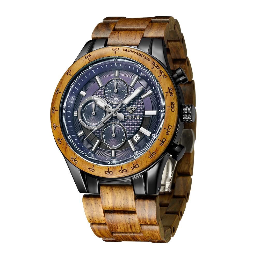 VICVS Men's Wood and Stainless Steel Watches, Chronograph 3 Dials Chronograph Quartz Casual Business Multifunctional Men's Wood Watches, Handmade (Acacia Metal)