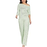 JTNFairy Two Piece Sets for Women 2025 Casual Plus Size Striped Off-Shoulder 3/4 Sleeve Wide Leg Pants Vacation Outfits