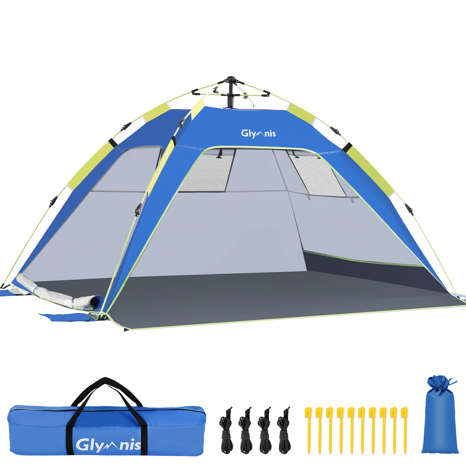 Glymnis Pop Up Beach Tent 3-4 Person Instant Pop Up Automatic Beach Tent UV Protection with Side Door, Easy Setup Portable Sun Shelter for Garden, Fishing, Picnic