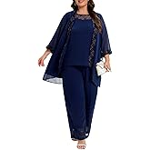 Women's Plus Size Mother of Bride Pant Suits 3 Piece Chiffon Party Sets Lace Splicing Design Evening Gowns