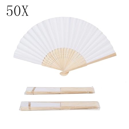 Tesan 50 Stück DIY Hand Fächer Bambus Taschenfächer Papierfächer Hochzeit Zubehör & Gefälligkeiten Handventilator Faltbare Fa