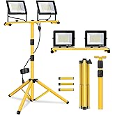 Work Lights with Stand, 21000 Lumen, 2 Adjustable Heads LED Work Lights, with Adjustable and Foldable Tripod Stand, Waterproof Lamp with Individual Switch with 6500 Kelvin Color Temperature (2-Heads)